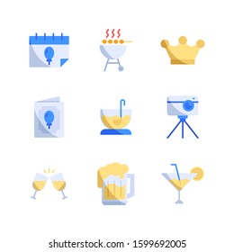 Party and Celebrations icon set = Calendar, bbq, king, birthday invitation, punch, camera, cheers, beer, cocktail