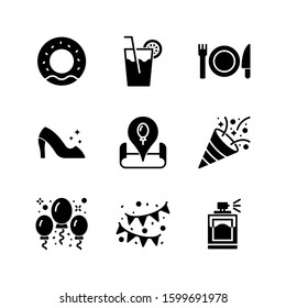 Party and Celebrations icon set = donut,  juice, dinner, high heels, pin location, confetti, balloons, decoration, parfume