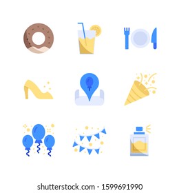 Party and Celebrations icon set = donut,  juice, dinner, high heels, pin location, confetti, balloons, decoration, parfume