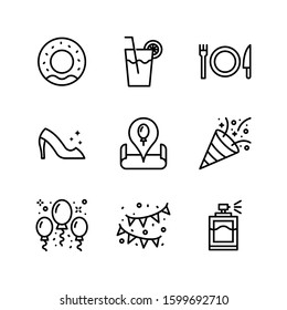Party and Celebrations icon set = donut,  juice, dinner, high heels, pin location, confetti, balloons, decoration, parfume