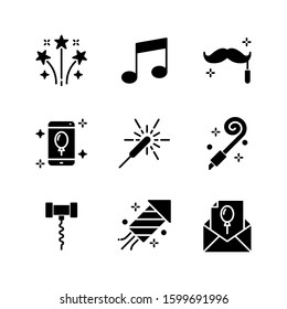 Party and Celebrations icon set = fireworks, music note, moustache, smartphone, sparkler, blower, corkscrew, rocket, open email
