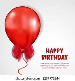 Party of ceremony birthday event 3D red flying helium balloon and red ribbon illustration. Greeting card, poster template