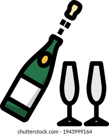 Party Champagne And Glass Icon. Editable Bold Outline With Color Fill Design. Vector Illustration.