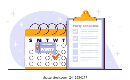Party check list concept. Scheduling and planning. Time management and festival organization. Preparation for event and holiday. Cartoon flat vector illustration isolated on white background