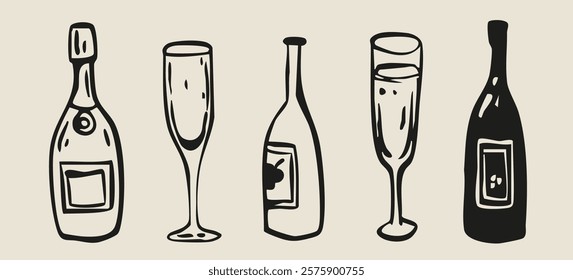 Party cheers drinks hand drawn in whimsical retro vintage line art style. Ideal for wedding invitation, menu design print collection.