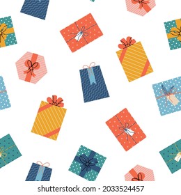Party and christmas presents seamless pattern on white background. Simple trendy pattern of different gift boxes