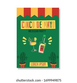 Party Cinco de mayo with tequila and alcohol drinks, green cactus. Holiday poster, mexican celebration Cinco de mayo. Flat cartoon vector illustration.