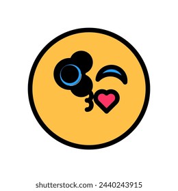 Party Circle Emoji winks eye and sends an air kiss, birthday symbol. Simple style festive circle emoji winks for design of children entertainment center. Color stroke icon isolated on white background