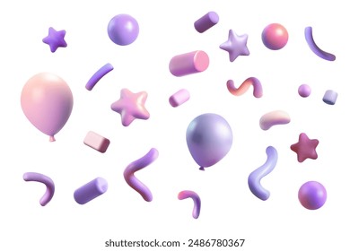 Party clappers confetti 3d vector, shapes, balloon. Birthday or carnival fireworks or popper paper streamers, star and elements for greeting design. Pastel purple.