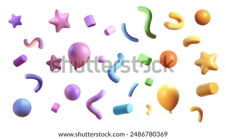 Party clappers confetti 3d vector, shapes. Birthday or carnival fireworks or popper paper streamers, star and elements for greeting design. Different colors, celebration.