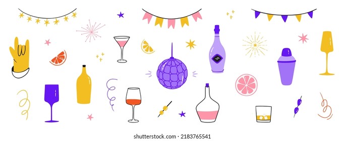Party clipart. Large festive set. Hand-drawn elements on the theme of the party - garlands,champagne,glasses, discoball, fireworks. Vector illustrations for the design of postcards,invitations,posters