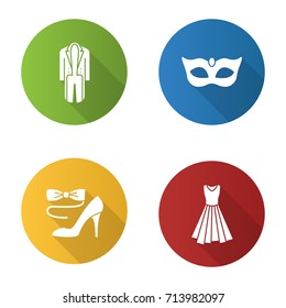 Party clothes flat design long shadow glyph icons set. Tailcoat, evening gown, bow tie and high heel shoe, carnival mask. Vector silhouette illustration