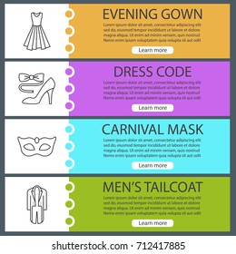 Party clothes web banner templates set. Evening gown, tailcoat, carnival mask, bow tie and high heel shoe. Website color menu items with linear icons. Vector headers design concepts