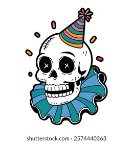 Party Clown Skull Illustration with Hat and Ruffle