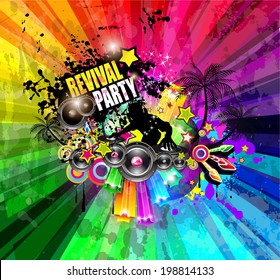 PArty Club Flyer for Music event with Explosion of colors. Includes a lot of music themes elements and a lot of space for text.
