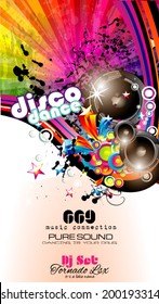PArty Club Flyer for Music event with Explosion of colors. Includes a lot of music themes elements and a lot of space for text.