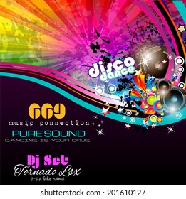 Party Club Flyer for Music event with Explosion of colors. Includes a lot of music themes elements and a lot of space for text.