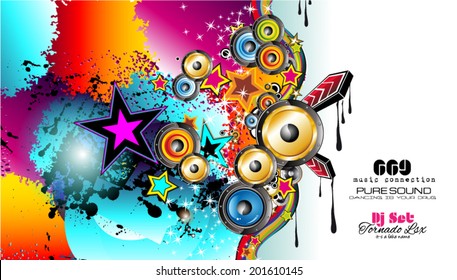 Party Club Flyer for Music event with Explosion of colors. Includes a lot of music themes elements and a lot of space for text.
