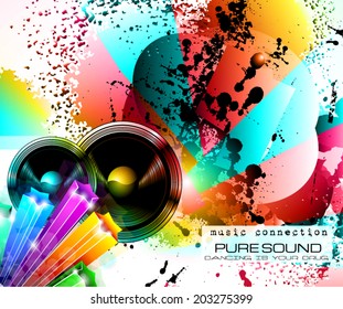 PArty Club Flyer for Music event with Explosion of colors. Includes a lot of music themes elements and a lot of space for text.