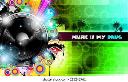 PArty Club Flyer for Music event with Explosion of colors. Includes a lot of music themes elements and a lot of space for text.