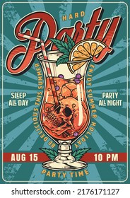 Party cocktail colorful flyer vintage cold summer drink aperol spritz in glass with ice cubes and skull vector illustration