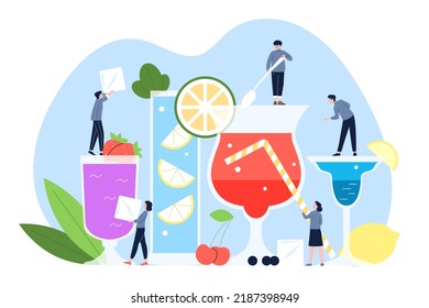 Party cocktail concept. Drinking summer martini, tiny people make various cocktails with ice cube and citrus cuts. Creative alcoholic drink recent vector scene