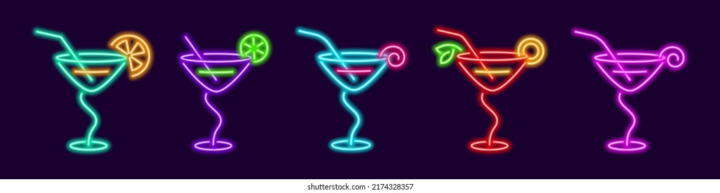 Party cocktails in neon martini glasses with curved stem. Red knickerborker with lime wedge and purple manhattan with lemon. Trendy glowing margarita with shades of rich vector blue lagoon.