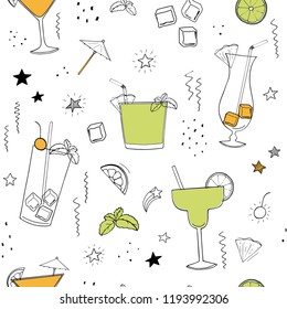 Party cocktails seamless pattern vector with hand drawn elements