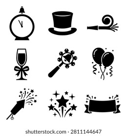 Party collection featuring clock top hat balloons fireworks and champagne glass for holiday events.