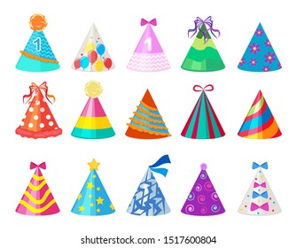 Party Colored Caps. Birthday Cone Hat For Carnival Vector Pictures Isolated