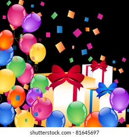 Party colorful balloons with gift boxes