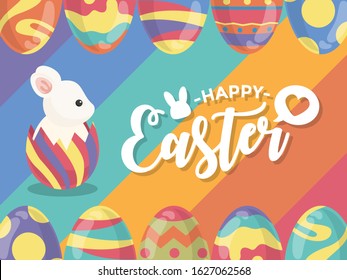 Party colorful eggs and cute white rabbit in egg, vector illustration, banner web postcard poster card template frame, pastel color. Greeting and celebration for this festival.