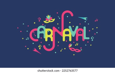  Party, colorful letters, carnival theme, yellow masks, pink masks, confetti, carnival concept, party concept, trumpet, sound, Brazil, party
