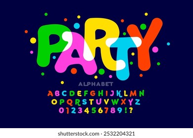 Party. Colorful playful celebration style font design, alphabet letters and numbers vector illustration