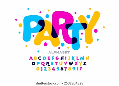 Party. Colorful playful celebration style font design, alphabet letters and numbers vector illustration