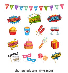 Party comic elements set with fireworks and cake flat isolated vector illustration
