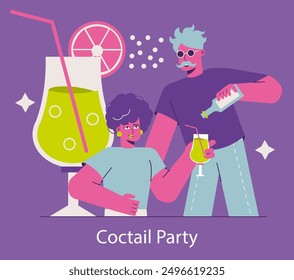 Party concept. Friends enjoying drinks at a festive gathering. Refreshing cocktails, shared laughter, and a fun atmosphere. Vector illustration.