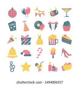 Party concept. Idea of event for fun and celebration. Birthday or holiday party with confetti and music, food and masks. Set of colorful icons. Isolated flat illustration