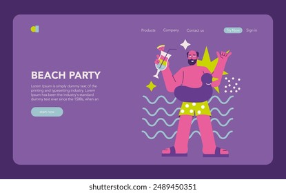 Party concept. Man enjoying a vibrant beach party, holding a tropical drink, with festive elements and ocean waves. Celebration and summer fun theme. Vector illustration.