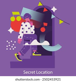 Party concept. A person stepping into a vibrant celebration at a secret location. Diverse shapes and festive vibes. Vector illustration.