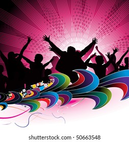 party concept, silhouettes of group dancing , vector illustration