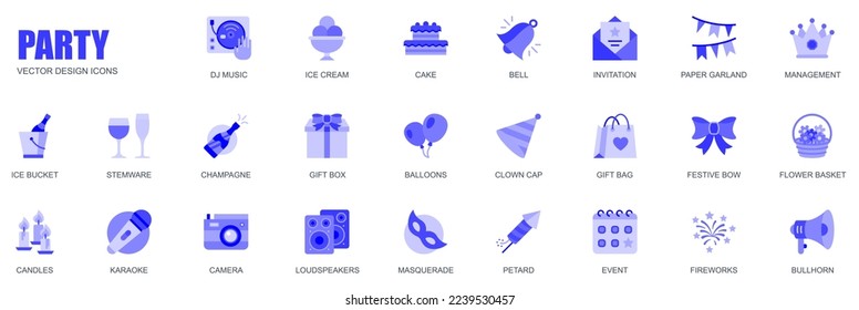 Party concept of web icons set in simple flat design. Pack of dj music, ice cream, cake, invitation, paper garland, karaoke, stemware, champagne, gift and other. Vector blue pictograms for mobile app