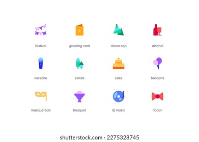 Party concept of web icons set in color flat design. Pack of festival, greeting card, clown cap, alcohol, karaoke, salute, cake, balloons, masquerade mask and other. Vector pictograms for mobile app