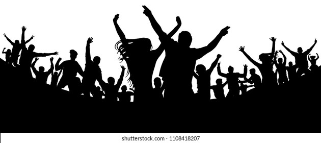 Party, concert, dance, fun. Crowd of people silhouette vector. Cheerful youth.Cheer audience. Hand applause. Music festival