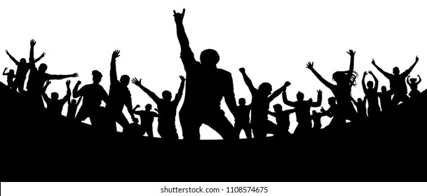 Party, concert, dance, fun. Crowd of people silhouette vector. Cheerful youth.Cheer audience. Hand applause. Music festival. Rock concert