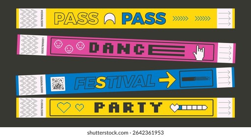 Party or concert event bracelet tickets mockups set. Music festival wristbands in retro rave style. Hand dance nightclub pass access. Paper wrist band templates for y2k show. Vector security id.