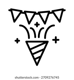 Party Cone with Bunting Flags and Confetti Vector Illustration, Line Style Icon