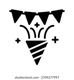 Partykegel mit Bunting-Flaggen und Konfetti-Vektorgrafik, Flachbild-Symbol