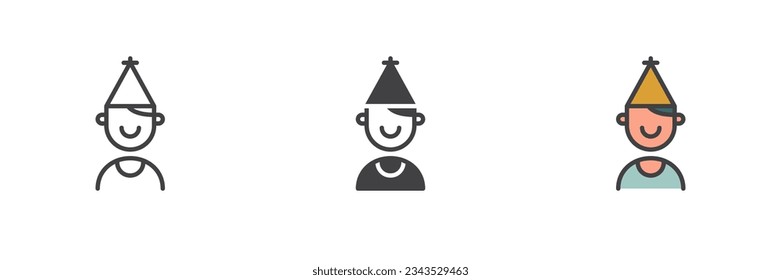 Party cone hat different style icon set. Line, glyph and filled outline colorful version, outline and filled vector sign. Symbol, logo illustration. Vector graphics