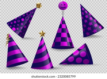 Party cone hat set isolated on transparent background. Birthday festive hat collection in different positions, angles. Vector fun decoration. Blue pink party luxury surprise costume icon